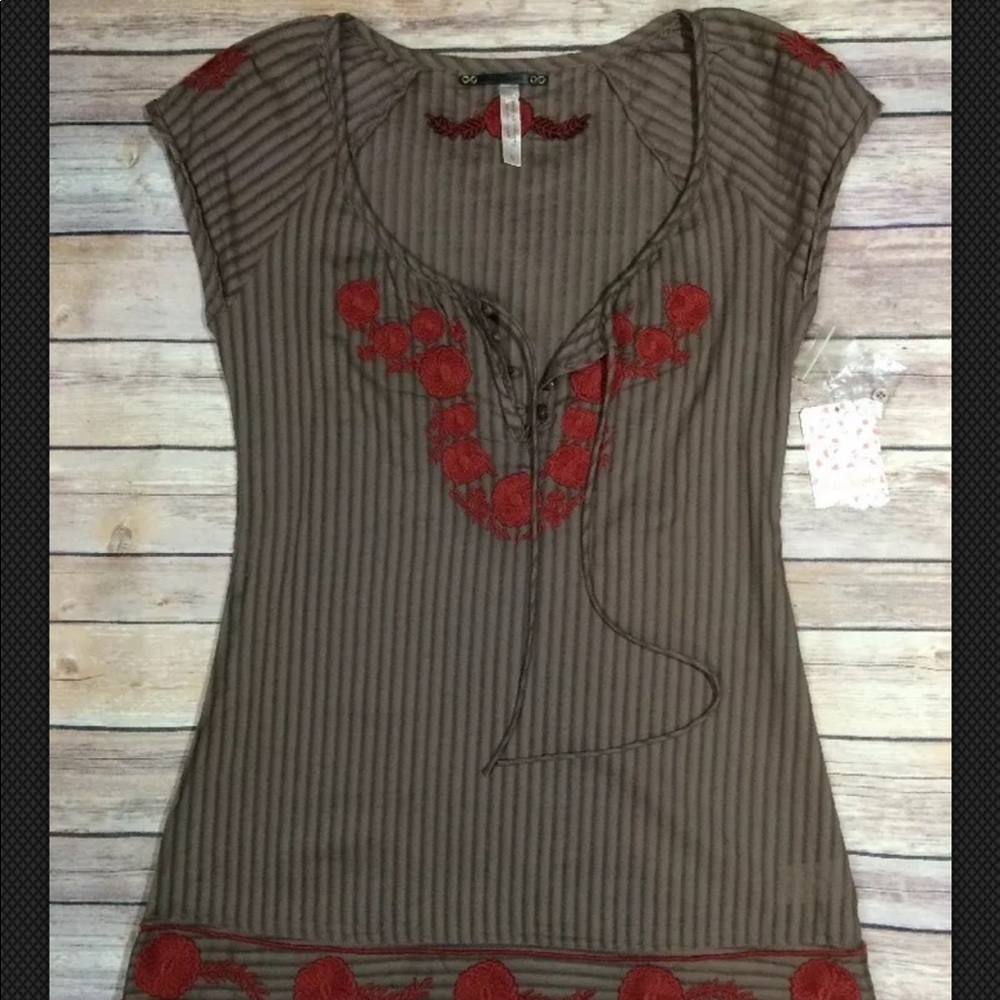 Free People Embroidered Tunic Top Size 0 Brown NWT